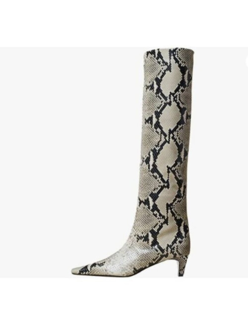 miss left Women Stretchy Knee High Boots Closed Square Toe Low Heel Snakeskin